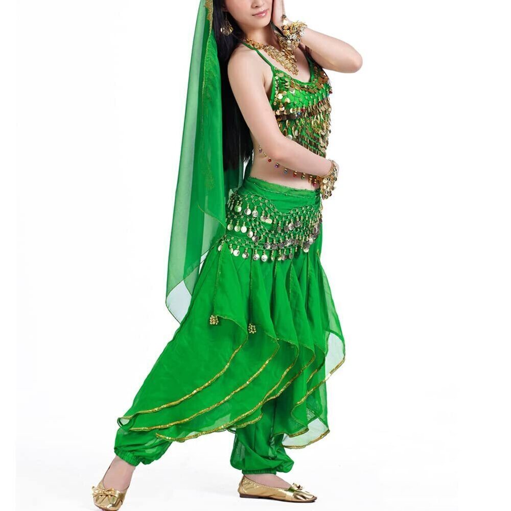 7780 5Pcs Set India Belly Dance Dress Crop Top Bra Shiny Coins Waist Belt